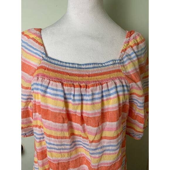 Talbots Linen Blouse Womens Size L Striped Colorful Short Sleeve Square Neck - Picture 1 of 7
